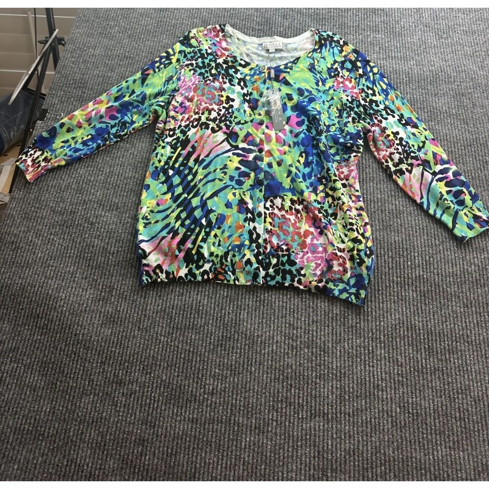 Joseph A Cardigan Knit Sweater Colorful Button Front 3/4 Sleeve Size L NWT